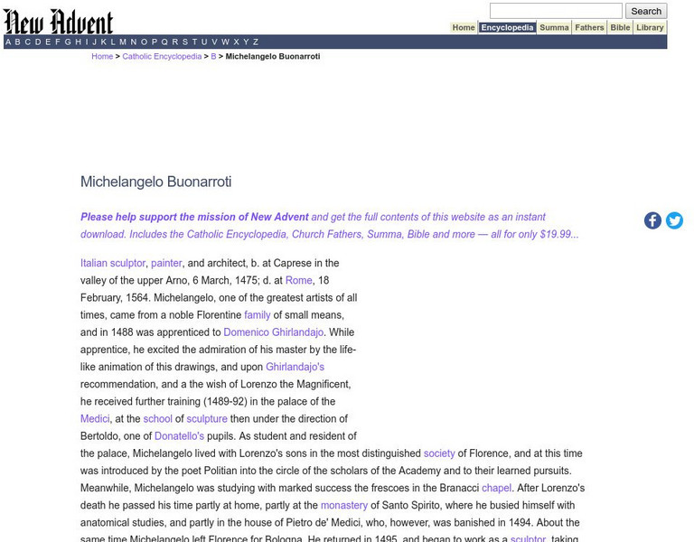Catholic Encyclopedia: Michelangelo Buonarroti Handout Catholic Encyclopedia: Michelangelo Buonarroti Handout