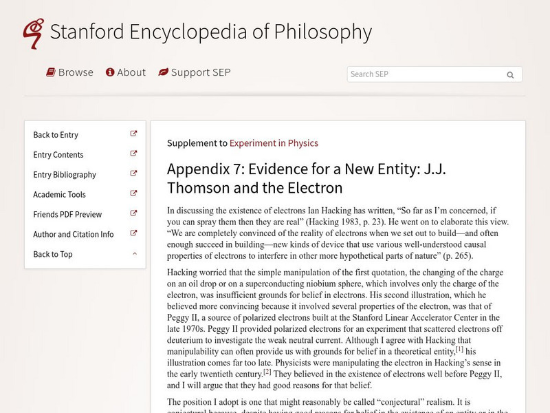 Stanford Encyclopedia: j.j. Thomson and the Electron Handout Stanford Encyclopedia: j.j. Thomson and the Electron Handout