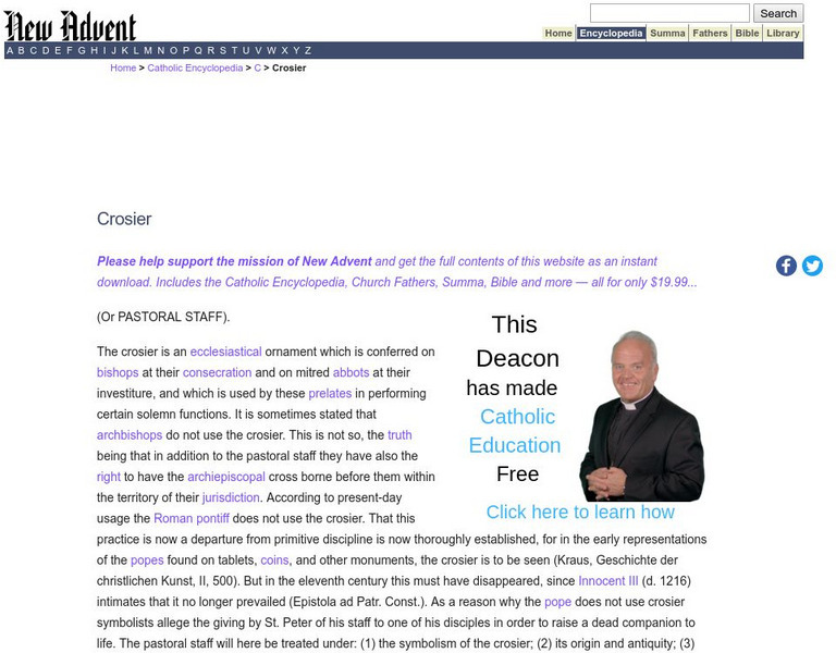 Catholic Encyclopedia: Crosier Handout Catholic Encyclopedia: Crosier Handout