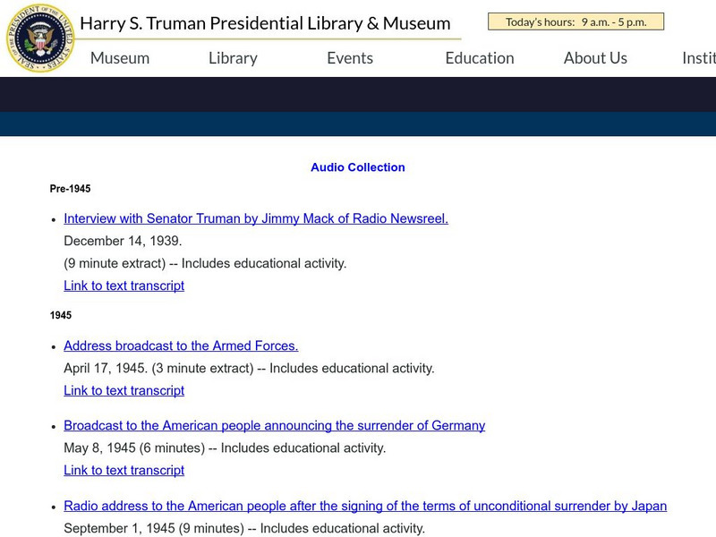 Harry S. Truman Library & Museum: Truman Presidential Audio Collection Audio Harry S. Truman Library & Museum: Truman Presidential Audio Collection Audio