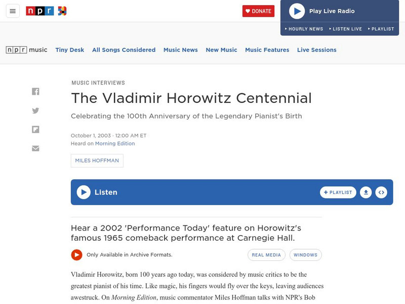 Npr: The Vladimir Horowitz Centennial Audio Npr: The Vladimir Horowitz Centennial Audio