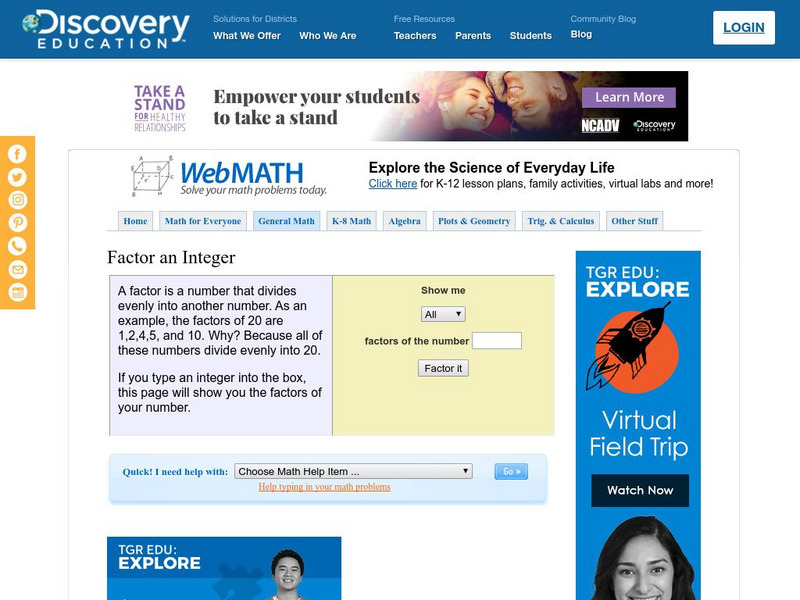 Discovery Education: Web Math: Factor an Integer Activity Discovery Education: Web Math: Factor an Integer Activity