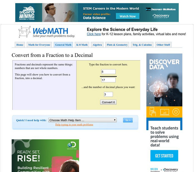 Discovery Education: Web Math: Convert From a Fraction to a Decimal Activity Discovery Education: Web Math: Convert From a Fraction to a Decimal Activity