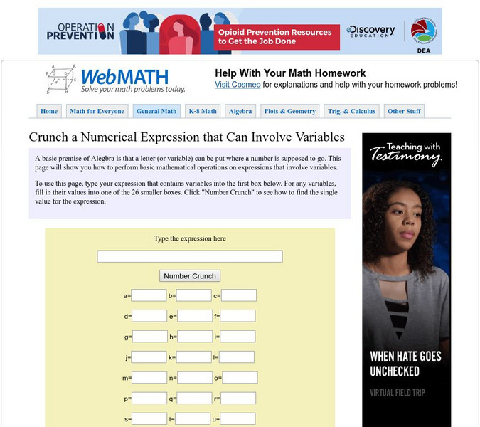Discovery Education: Web Math: Crunch a Numerical Expression With Variables Activity Discovery Education: Web Math: Crunch a Numerical Expression With Variables Activity