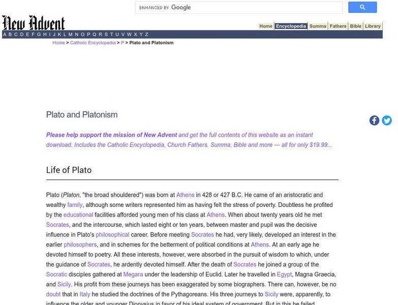 Catholic Encyclopedia: Plato Handout Catholic Encyclopedia: Plato Handout