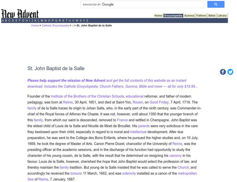 Catholic Encyclopedia: St. John Baptist De La Salle Handout