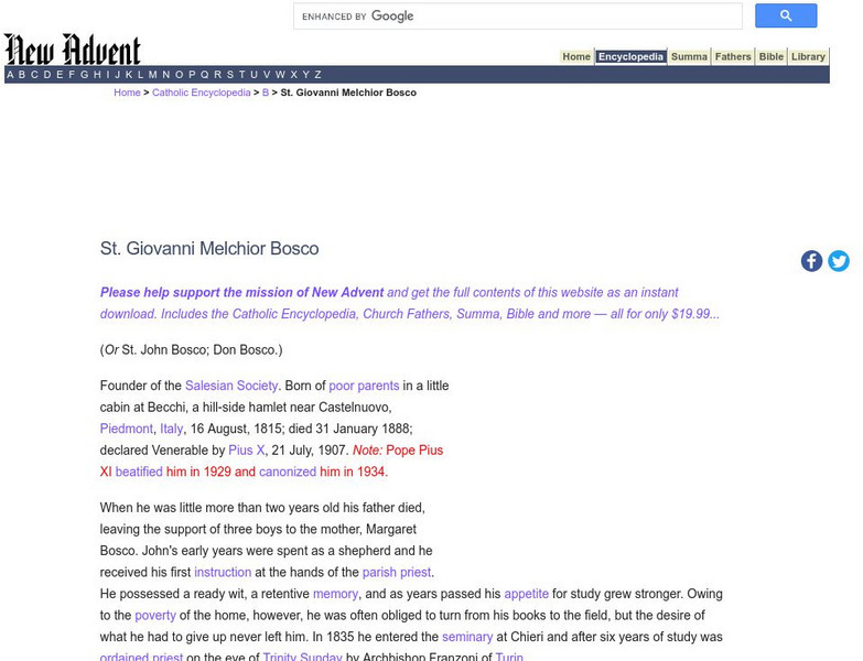 Catholic Encyclopedia: John Bosco Handout