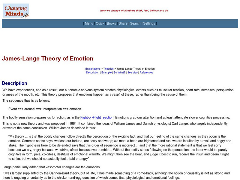 Changing minds.org: James Lange Theory of Emotion Activity Changing minds.org: James Lange Theory of Emotion Activity