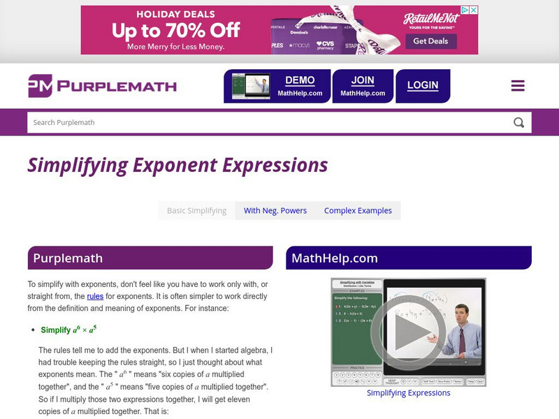 Purplemath: Simplifying Expressions With Exponents Unit Plan Purplemath: Simplifying Expressions With Exponents Unit Plan