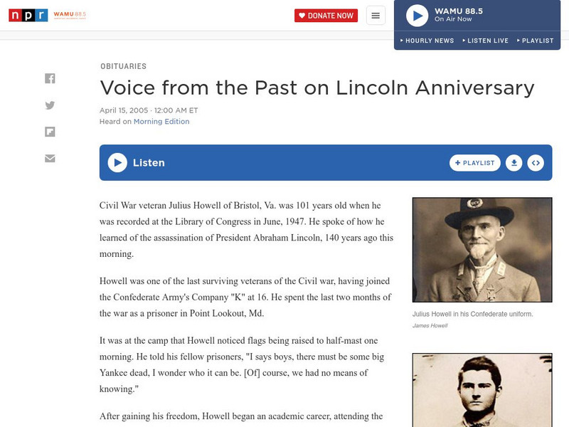 Npr: Voice From the Past on Lincoln Anniversary Audio