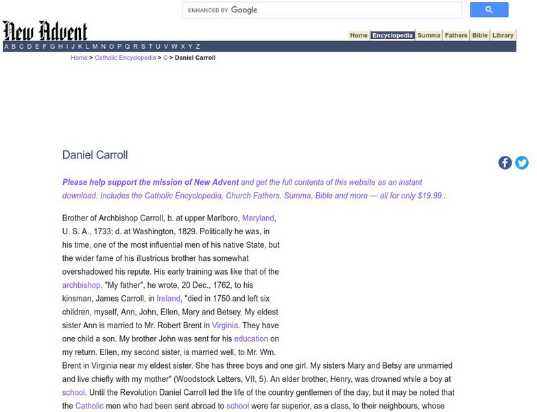 Catholic Encyclopedia: Daniel Carroll Handout Catholic Encyclopedia: Daniel Carroll Handout