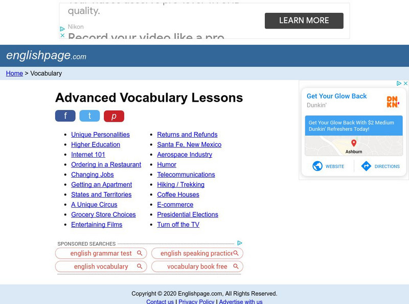 English Page: English Vocabulary: Advanced Vocabulary Lessons Lesson Plan English Page: English Vocabulary: Advanced Vocabulary Lessons Lesson Plan