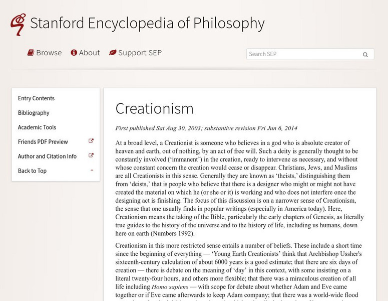 Stanford Encyclopedia of Philosophy: Creationism Handout Stanford Encyclopedia of Philosophy: Creationism Handout