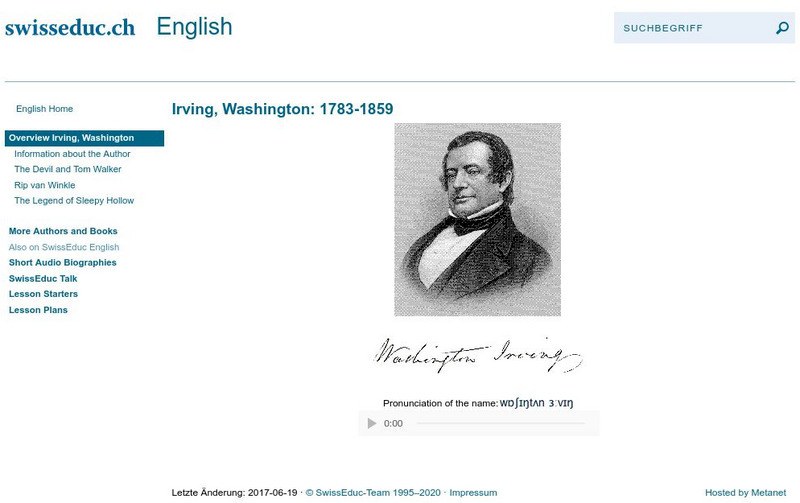 Swiss Educ: Irving, Washington 1783 1859 Unit Plan