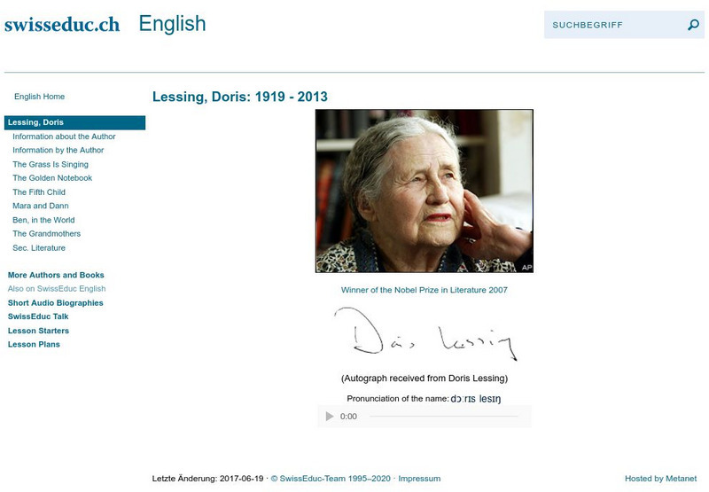 Swiss Educ: Lessing, Doris 1919 Graphic Swiss Educ: Lessing, Doris 1919 Graphic