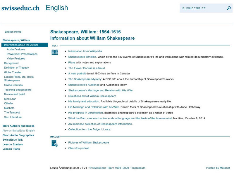 Swiss Educ: Shakespeare, William: 1564 1616 Unit Plan Swiss Educ: Shakespeare, William: 1564 1616 Unit Plan