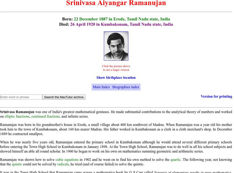University of St. Andrews: Srinivasa Ramanujan Handout University of St. Andrews: Srinivasa Ramanujan Handout
