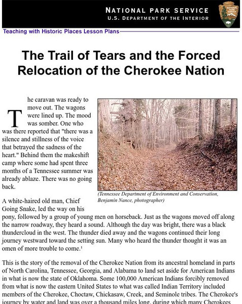 National Park Service: Trail of Tears and Forced Relocation of Cherokee Lesson Plan National Park Service: Trail of Tears and Forced Relocation of Cherokee Lesson Plan