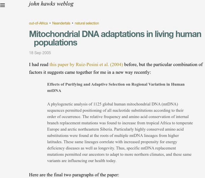 Mitochondrial Dna Adaptations in Human Population (2004) Handout