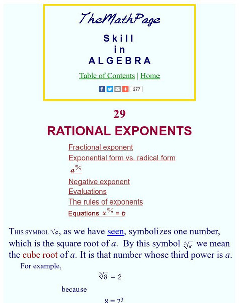 The Math Page: Skill in Algebra: Rational Exponents Unit Plan The Math Page: Skill in Algebra: Rational Exponents Unit Plan