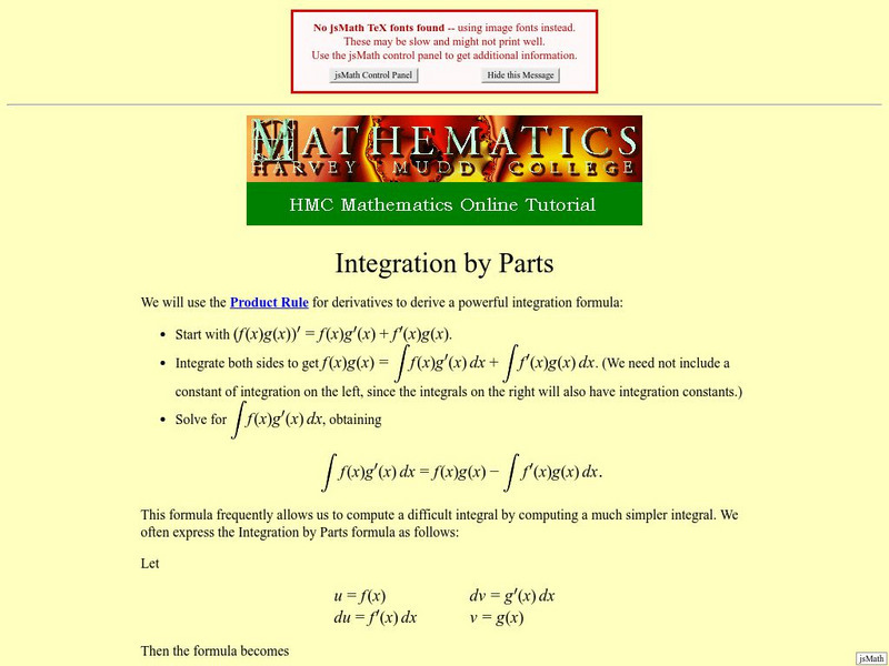 Harvey Mudd College: Integration by Parts Activity Harvey Mudd College: Integration by Parts Activity