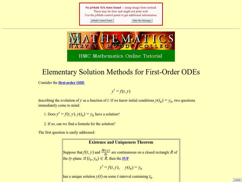 Harvey Mudd College: Elementary Solution Methods for First Order Od Es Handout Harvey Mudd College: Elementary Solution Methods for First Order Od Es Handout