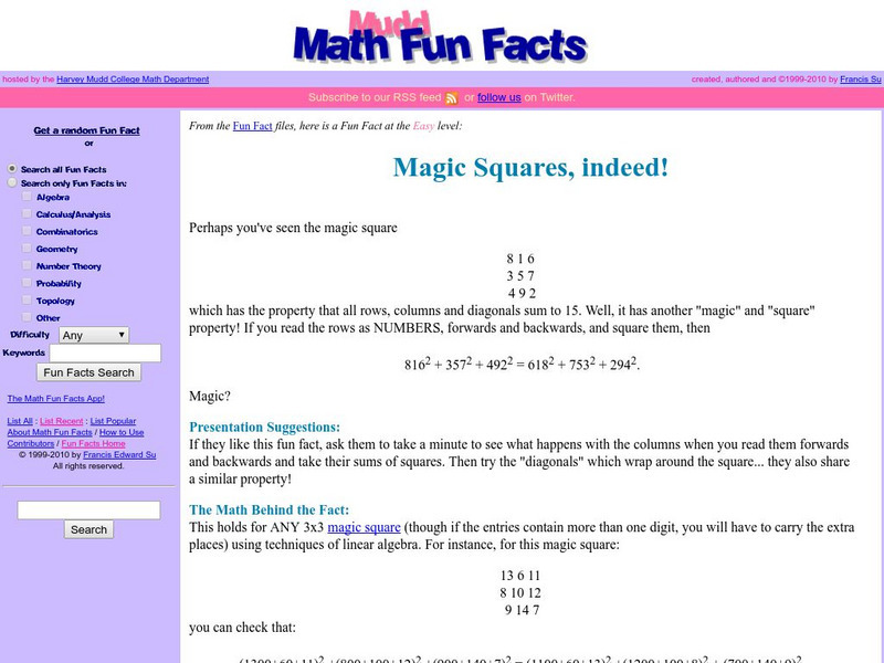 Mudd Math Fun Facts: Magic Squares, Indeed! Activity Mudd Math Fun Facts: Magic Squares, Indeed! Activity