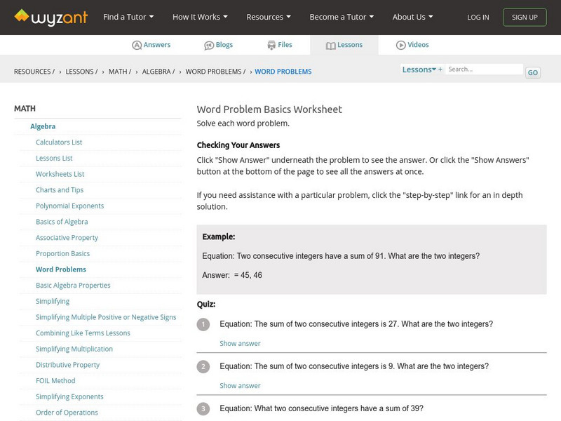 Wyzant: Word Problem Basics Worksheet Unknown Type