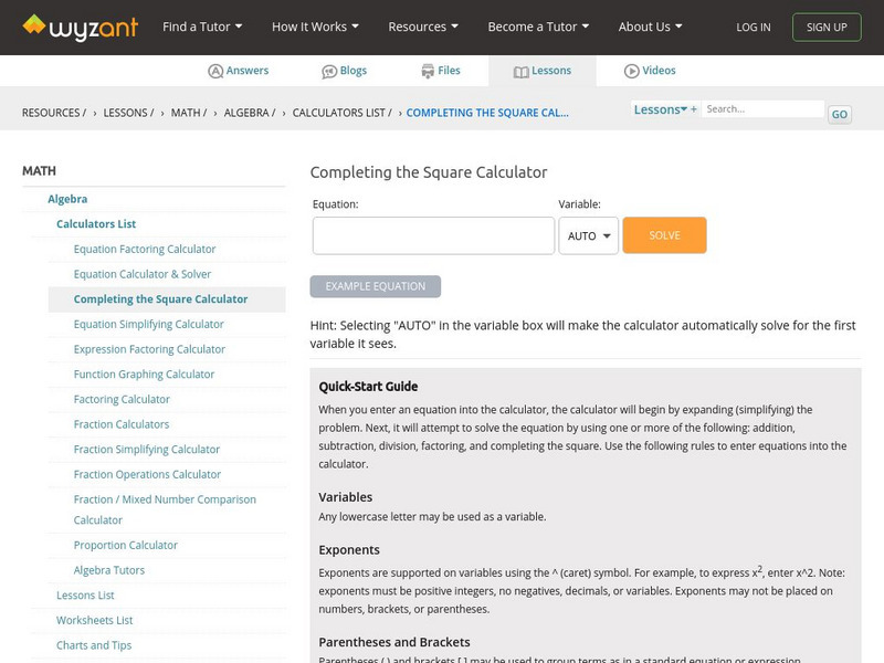 Wyzant: Completing the Square Calculator Activity