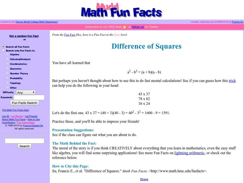 Mudd Math Fun Facts: Difference of Squares Activity Mudd Math Fun Facts: Difference of Squares Activity