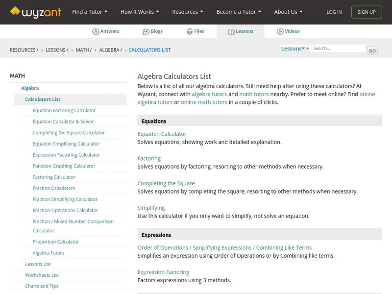 Wyzant: Calculators Index Website Wyzant: Calculators Index Website