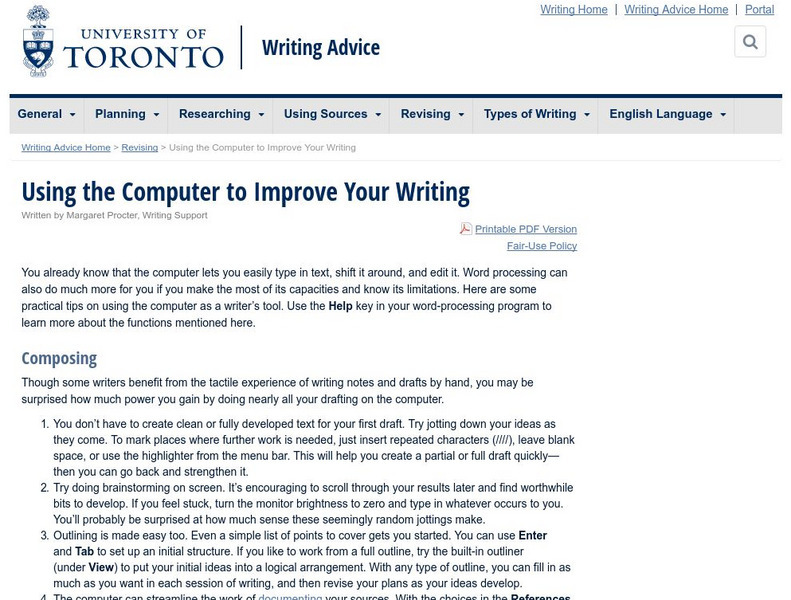University of Toronto: Using Computers to Improve Your Writing Handout University of Toronto: Using Computers to Improve Your Writing Handout