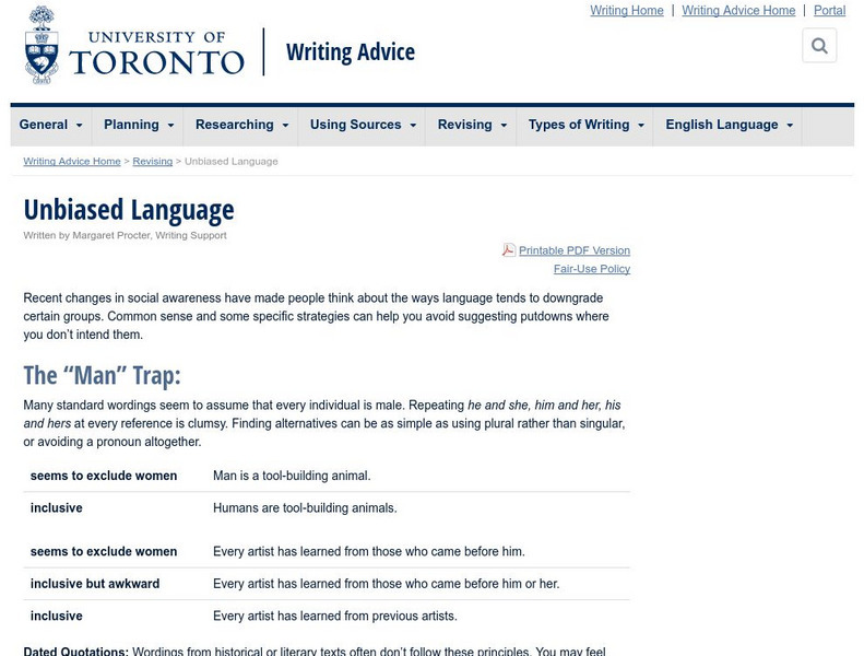 University of Toronto: Unbiased Language Handout University of Toronto: Unbiased Language Handout
