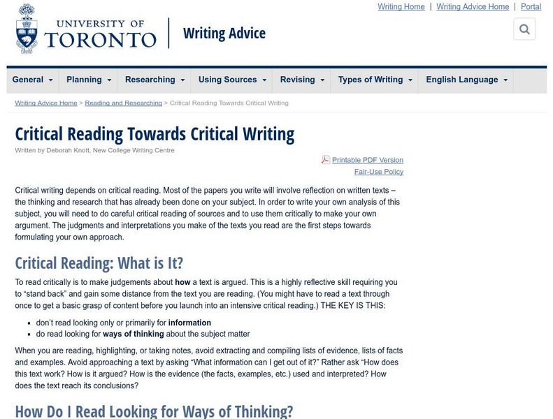 University of Toronto: Critical Reading Towards Critical Writing Handout University of Toronto: Critical Reading Towards Critical Writing Handout