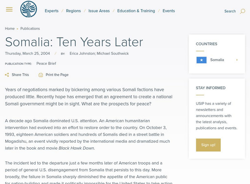 United States Institute of Peace: Somalia: Ten Years Later (2004) Website