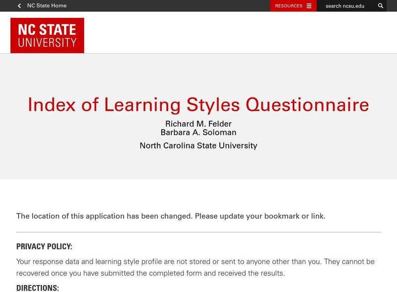 Nc State University: Learning Styles Questionnaire Unknown Type Nc State University: Learning Styles Questionnaire Unknown Type