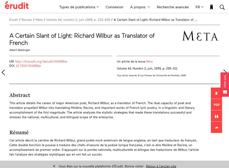Erudit: Meta Article on Richard Wilbur Website