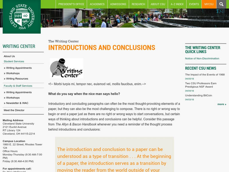 Cleveland State University: Introductions & Conclusions Handout Cleveland State University: Introductions & Conclusions Handout