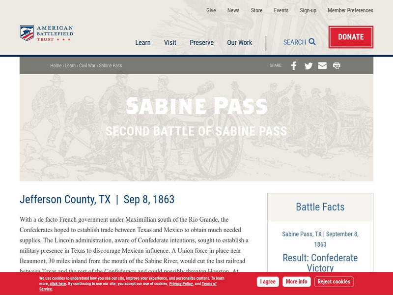 American Battlefield Trust: Civil War: Sabine Pass: Second Battle of Sabine Pass Website American Battlefield Trust: Civil War: Sabine Pass: Second Battle of Sabine Pass Website