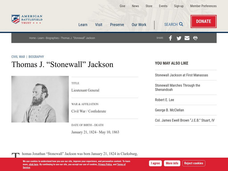 American Battlefield Trust: Civil War Biography: T. J. "Stonewall" Jackson Handout