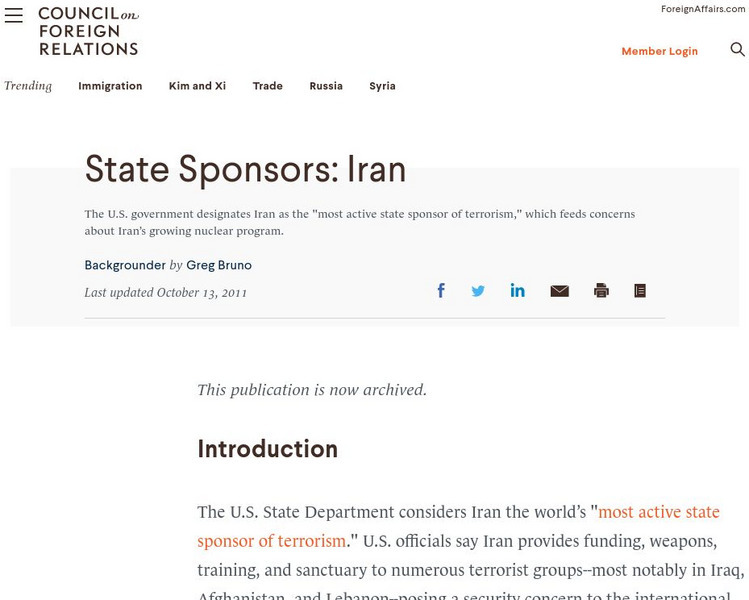 C Vouncil on Foreign Relations: State Sponsers: Iran Article C Vouncil on Foreign Relations: State Sponsers: Iran Article