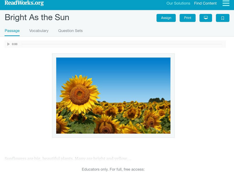 Read Works: Bright as the Sun Activity Read Works: Bright as the Sun Activity