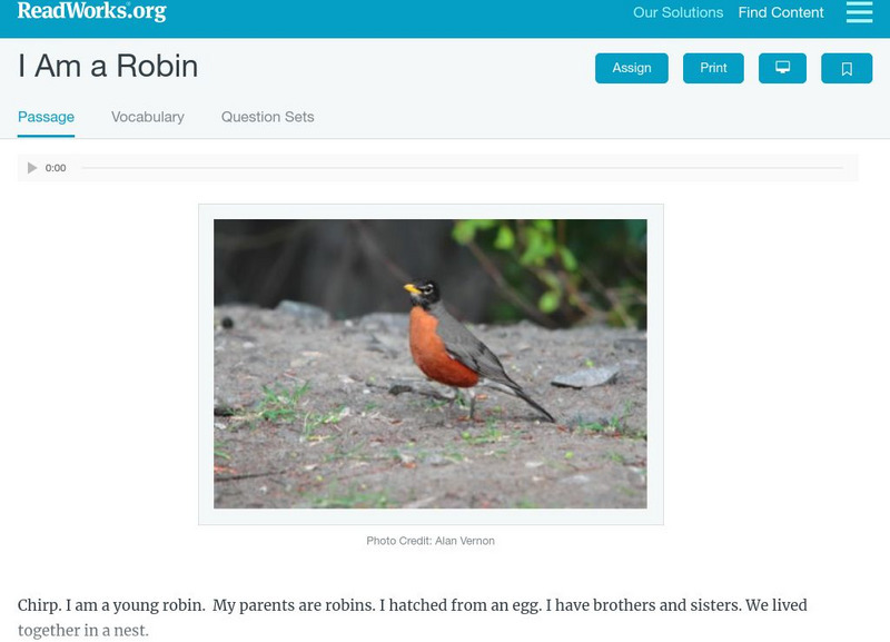 Read Works: I Am a Robin Activity Read Works: I Am a Robin Activity