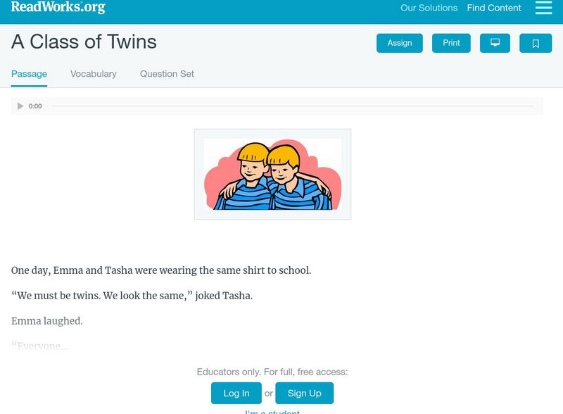 Read Works: A Class of Twins Activity Read Works: A Class of Twins Activity