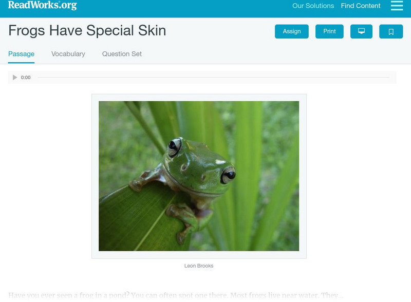 Read Works: Frogs Have Special Skin Activity Read Works: Frogs Have Special Skin Activity