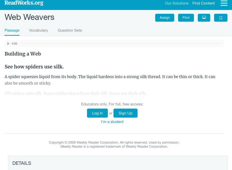 Read Works: Web Weavers Activity Read Works: Web Weavers Activity