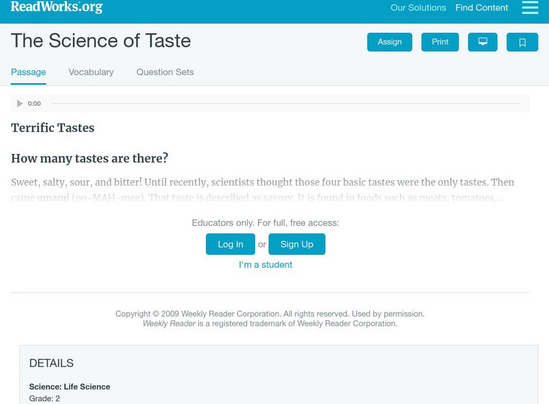 Read Works: The Science of Taste Activity Read Works: The Science of Taste Activity