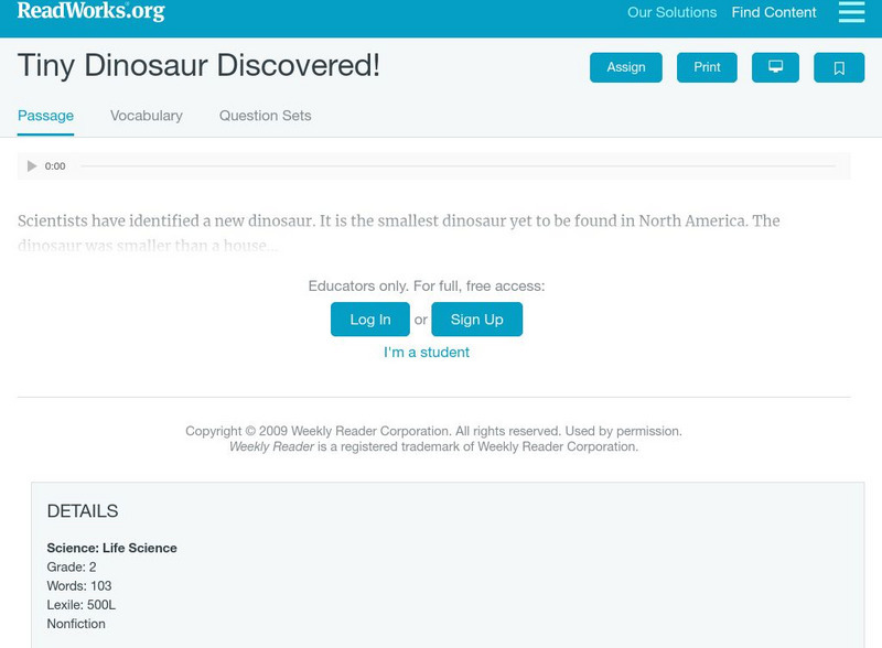 Read Works: Tiny Dinosaur Discovered! Activity Read Works: Tiny Dinosaur Discovered! Activity