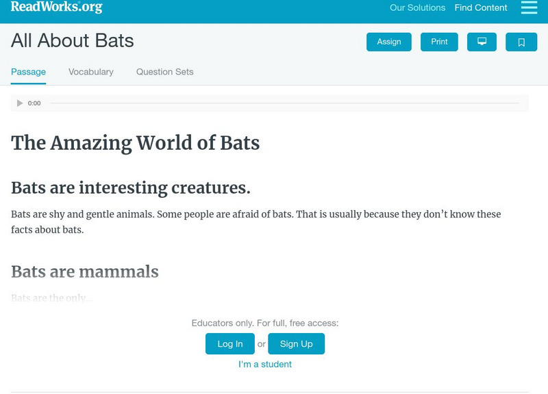 Read Works: All About Bats Activity Read Works: All About Bats Activity