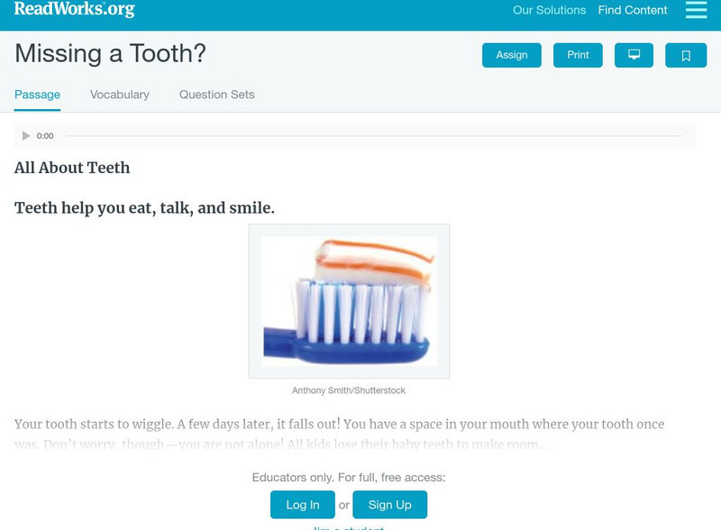 Read Works: Missing a Tooth? Activity Read Works: Missing a Tooth? Activity